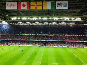 The Irish tricolour and the provincial flag of Ulster hang together next to the Canadian national flag during Ireland's 2015 Rugby World Cup pool game versus Canada at the Millennium Stadium in Cardiff (Jude Collins).